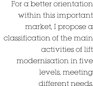 For a better orientation within this important market, I propose a classification of the main activities of lift mode   
