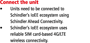 Connect the unit Units need to be connected to Schindler s IoEE ecosystem using Schindler Ahead Connectivity  Schindl   