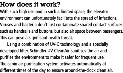 How does it work  With such high use and in such a limited space, the elevator environment can unfortunately facilita   