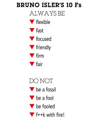 Bruno Isler s 10 Fs ALWAYS BE flexible fast focused friendly firm fair DO NOT be a fossil be a fool be fooled f**k wi   