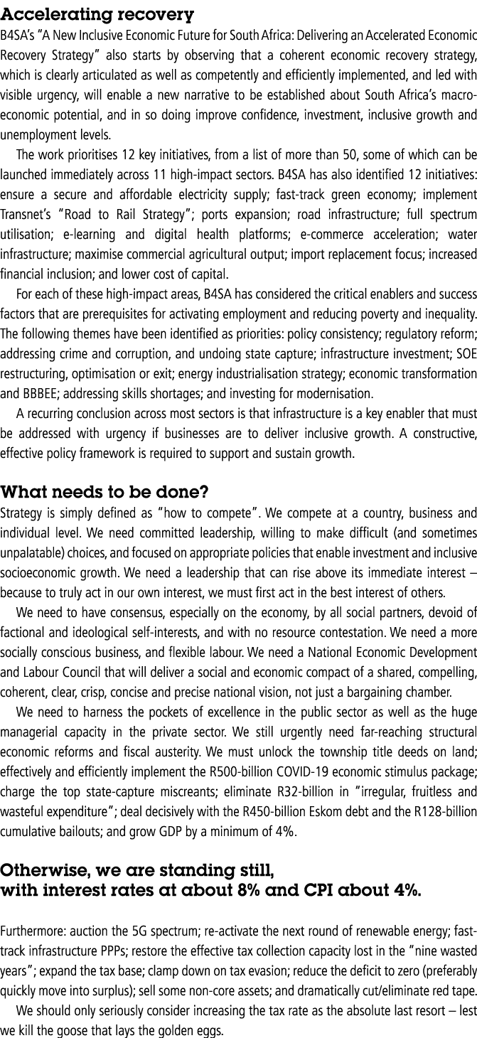 Accelerating recovery B4SA s  A New Inclusive Economic Future for South Africa: Delivering an Accelerated Economic Re   