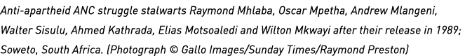 Anti-apartheid ANC struggle stalwarts Raymond Mhlaba, Oscar Mpetha, Andrew Mlangeni, Walter Sisulu, Ahmed Kathrada, E   