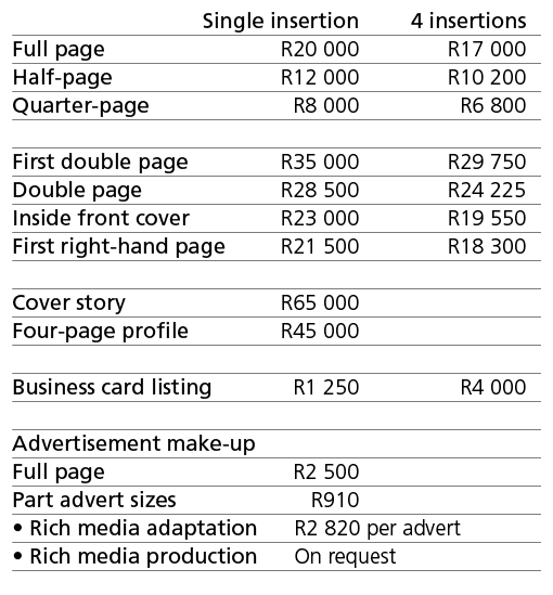  Single insertion 4 insertions Full page R20 000 R17 000 Half-page R12 000 R10 200 Quarter-page R8 000 R6 800 First d   