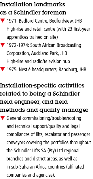 Installation landmarks as a Schindler foreman 1971: Bedford Centre, Bedfordview, JHB High-rise and retail centre (wit   