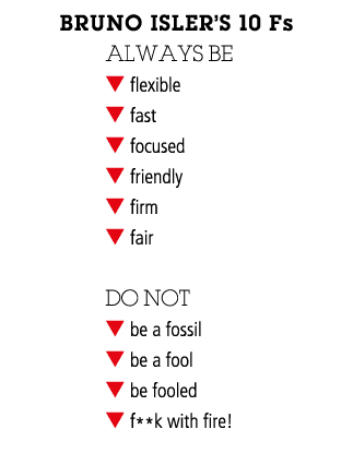 Bruno Isler s 10 Fs ALWAYS BE flexible fast focused friendly firm fair DO NOT be a fossil be a fool be fooled f**k wi   