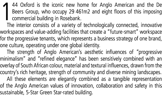 144 Oxford is the iconic new home for Anglo American and the De Beers Group, who occupy 29 461m2 and eight floors of ...