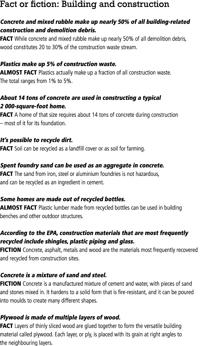 Fact or fiction: Building and construction Concrete and mixed rubble make up nearly 50% of all building related const...