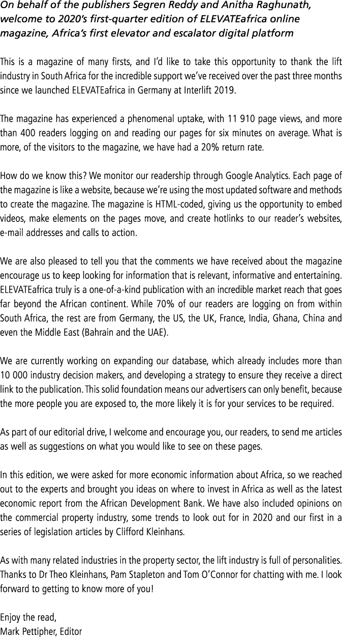 On behalf of the publishers Segren Reddy and Anitha Raghunath, welcome to 2020 s first-quarter edition of ELEVATEafri   