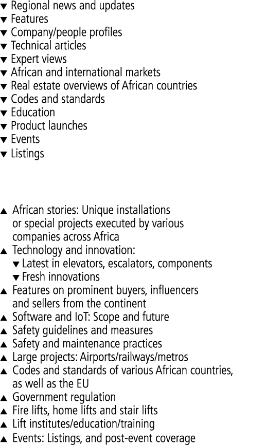 t Regional news and updates t Features t Company people profiles t Technical articles t Expert views t African and in   