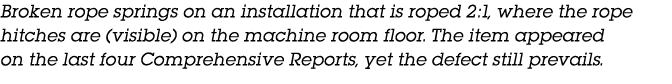 Broken rope springs on an installation that is roped 2:1, where the rope hitches are (visible) on the machine room fl   