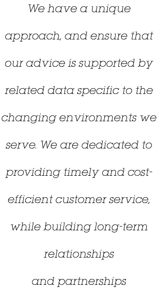 We have a unique approach, and ensure that our advice is supported by related data specific to the changing environme   