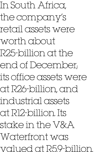 In South Africa, the company’s retail assets were worth about R25 billion at the end of December; its office assets w...