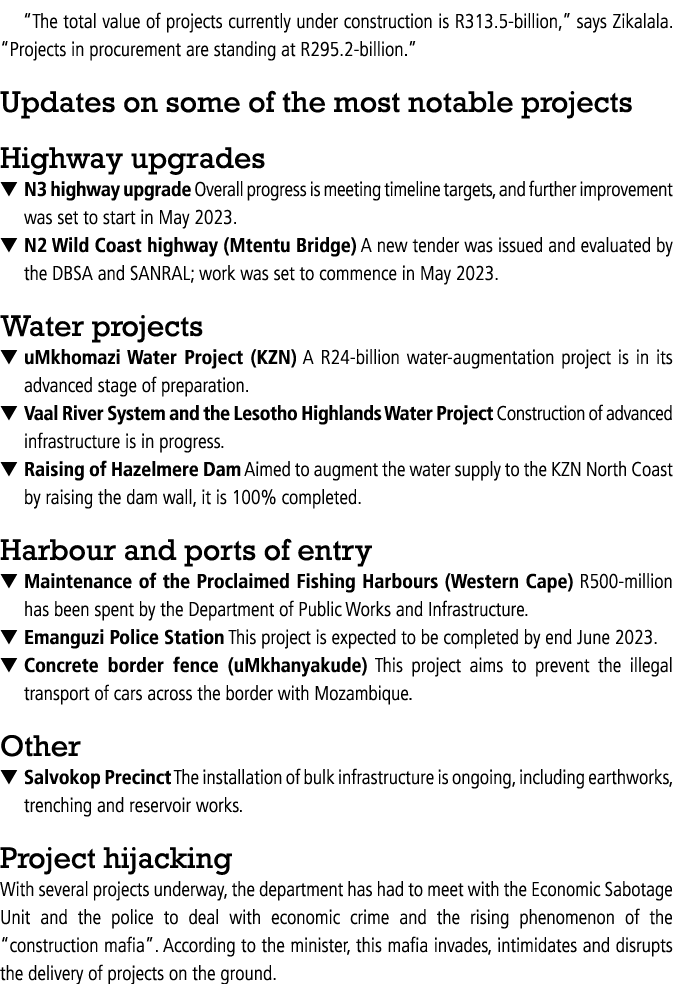 “The total value of projects currently under construction is R313.5 billion,” says Zikalala. “Projects in procurement...