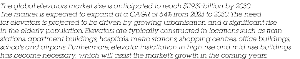 The global elevators market size is anticipated to reach $119.31 billion by 2030. The market is expected to expand at...