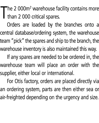 The 2 000m2 warehouse facility contains more than 2 000 critical spares. Orders are loaded by the branches onto a cen...
