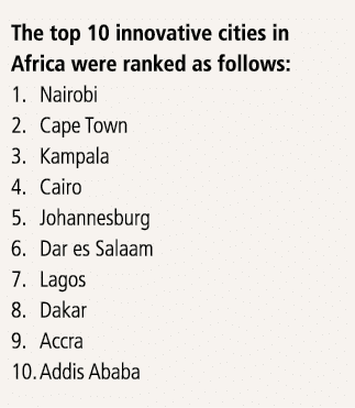The top 10 innovative cities in Africa were ranked as follows: 1  Nairobi 2  Cape Town 3  Kampala 4  Cairo 5  Johanne   