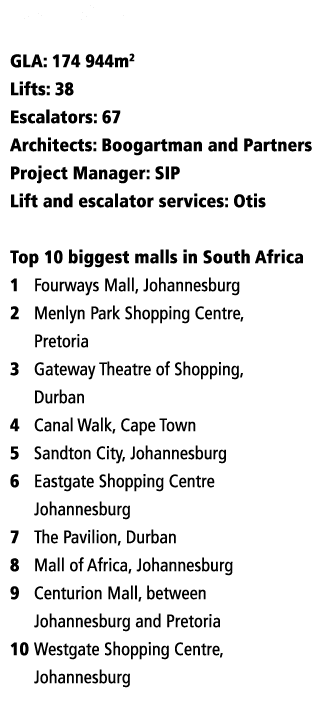 Fast Facts GLA: 174 944m2 Lifts: 38 Escalators: 67 Architects: Boogartman and Partners Project Manager: SIP Lift and    