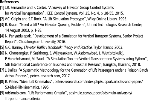 References  1   J R  Fernandez and P  Cortes   A Survey of Elevator Group Control Systems for Vertical Transportation   