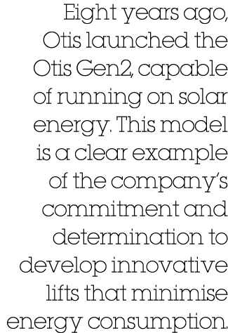 Eight years ago, Otis launched the Otis Gen2, capable of running on solar energy  This model is a clear example of th   