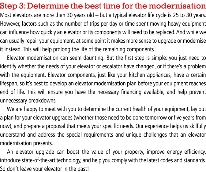 Step 3: Determine the best time for the modernisation Most elevators are more than 30 years old   but a typical eleva   