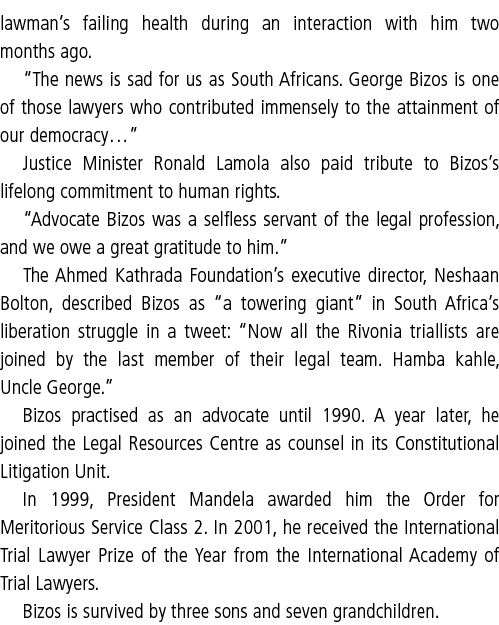 lawman s failing health during an interaction with him two months ago   The news is sad for us as South Africans  Geo   