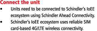 Connect the unit Units need to be connected to Schindler s IoEE ecosystem using Schindler Ahead Connectivity  Schindl   