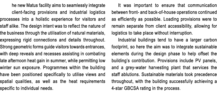 he new Matus facility aims to seamlessly integrate client facing provisions and industrial logistics processes into a...
