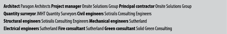 Architect Paragon Architects Project manager Onsite Solutions Group Principal contractor Onsite Solutions Group Quant...