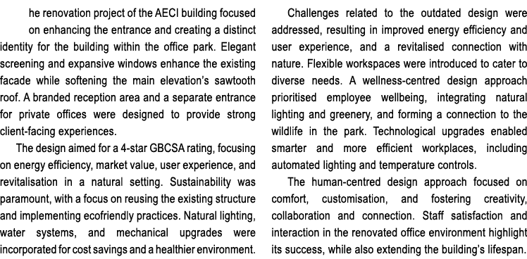 he renovation project of the AECI building focused on enhancing the entrance and creating a distinct identity for the...