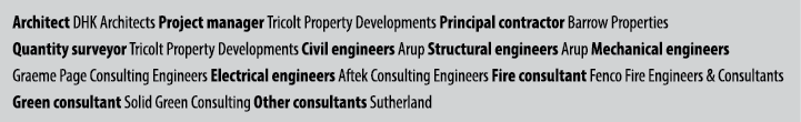 Architect DHK Architects Project manager Tricolt Property Developments Principal contractor Barrow Properties Quantit...
