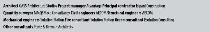 Architect GASS Architecture Studios Project manager Atvantage Principal contractor Isipani Construction Quantity surv...