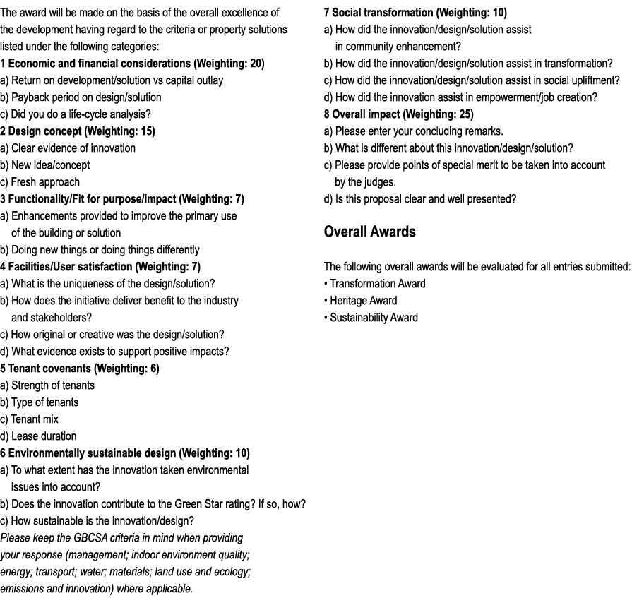 The award will be made on the basis of the overall excellence of the development having regard to the criteria or pro...
