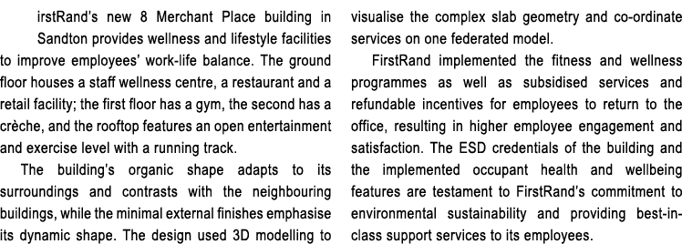 irstRand’s new 8 Merchant Place building in Sandton provides wellness and lifestyle facilities to improve employees’ ...