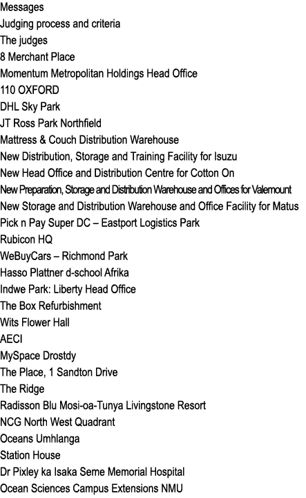 Messages Judging process and criteria The judges 8 Merchant Place Momentum Metropolitan Holdings Head Office 110 OXFO...