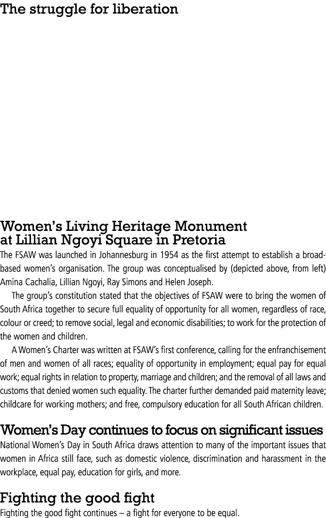 The struggle for liberation Women’s Living Heritage Monument at Lillian Ngoyi Square in Pretoria The FSAW was launche...