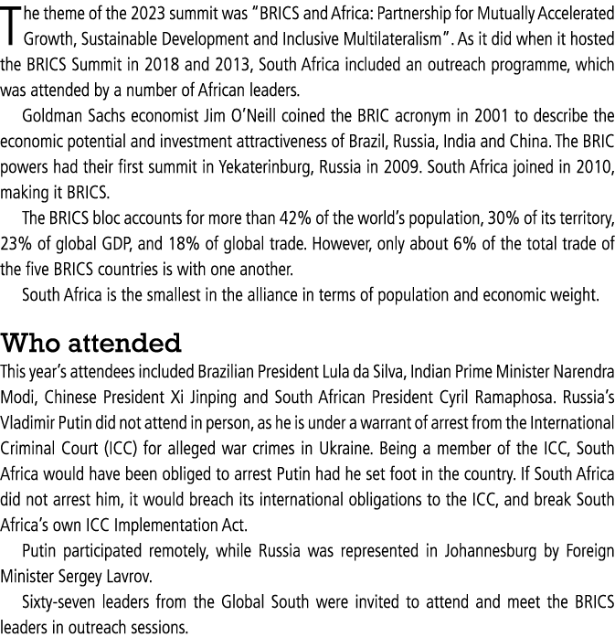 The theme of the 2023 summit was “BRICS and Africa: Partnership for Mutually Accelerated Growth, Sustainable Developm...