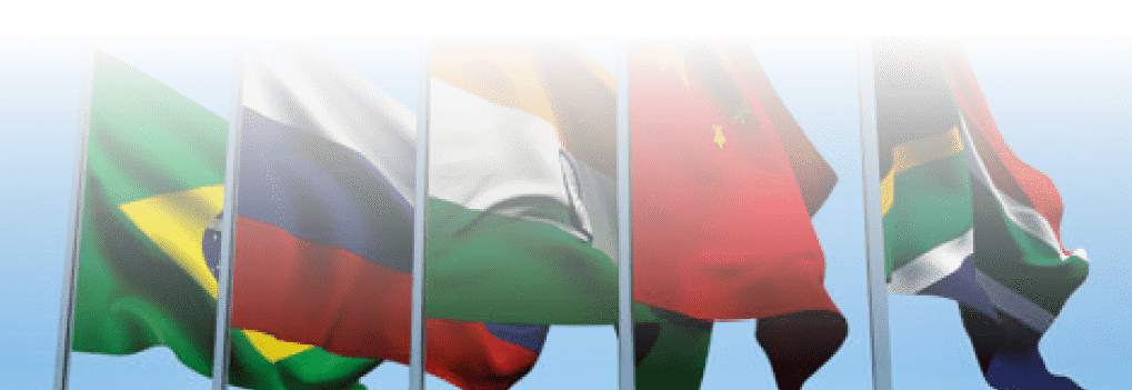 BRICS countries flags waving in the wind with a blue sky background. 3d illustration