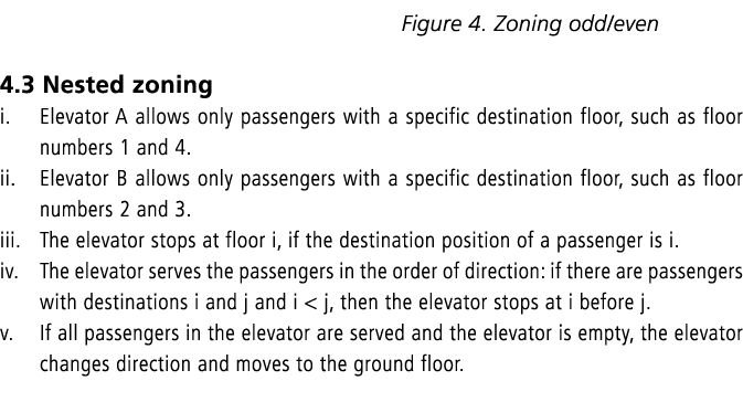  Figure 4. Zoning odd/even 4.3 Nested zoning i. Elevator A allows only passengers with a specific destination floor, ...