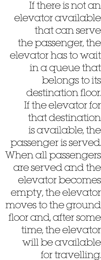 If there is not an elevator available that can serve the passenger, the elevator has to wait in a queue that belongs ...