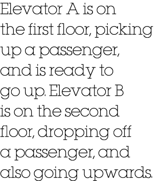 Elevator A is on the first floor, picking up a passenger, and is ready to go up. Elevator B is on the second floor, d...