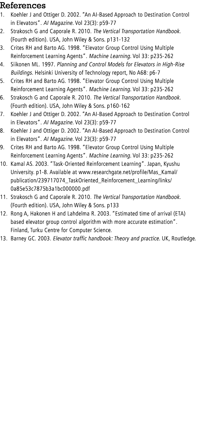 References 1. Koehler J and Ottiger D. 2002. “An AI Based Approach to Destination Control in Elevators”. AI Magazine....