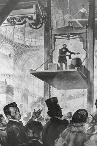 Elisha Graves Otis shows his first elevator in the Crystal Palace, New York City, 1853. --- Image by © Bettmann/CORBIS